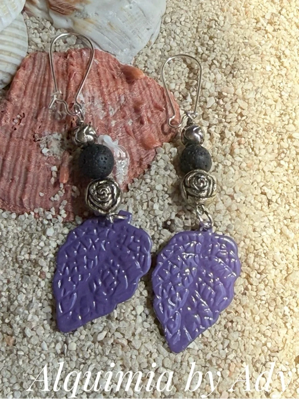 Alquimia Purple Leaf Dangle Earrings with Silver Rose Accents
